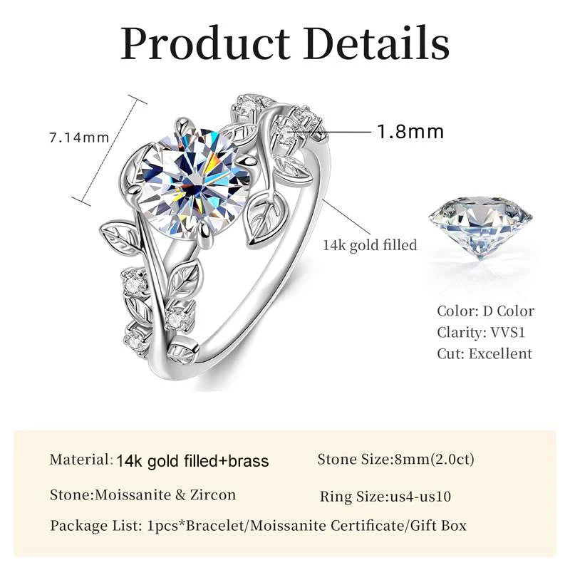 Lnngy Round Cut 8mm Moissanite Engagement Ring for Women 14K Gold Filled Leaf Design Twist Shank Rings Exquisite Jewelry Gift