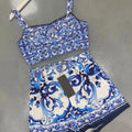 Designer retro geometric print sexy tube top suspender two-piece 2026 summer women's dress+straight short fashion suit