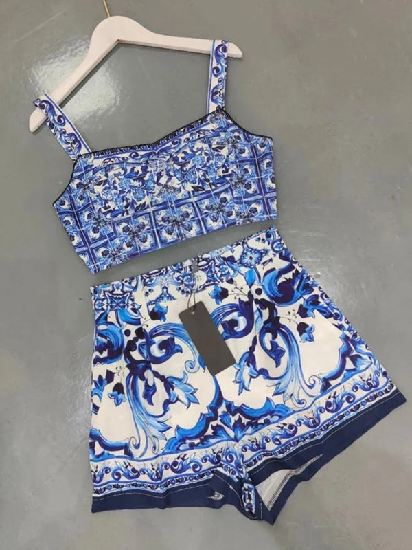 Designer retro geometric print sexy tube top suspender two-piece 2026 summer women's dress+straight short fashion suit