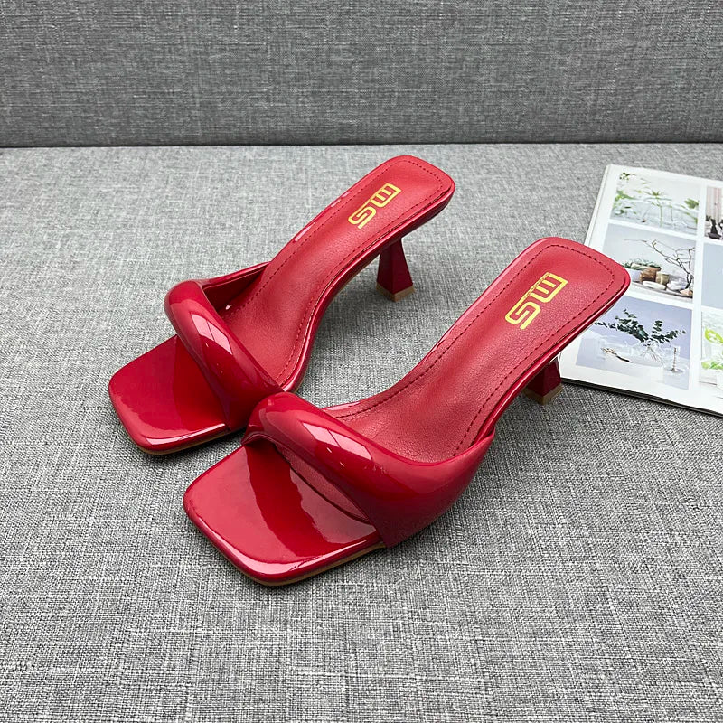 Modern Slippers 2024 Summer New Patent Leather Asymmetric High Heel Slippers Stiletto Stylish Outside Women's Sandals