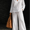 Women 2‑Piece Matching Outfit Long Sleeve Button Shirt High Waist Wide Leg Pant Loose Vacation Street Daily Wear Suit For Ladies