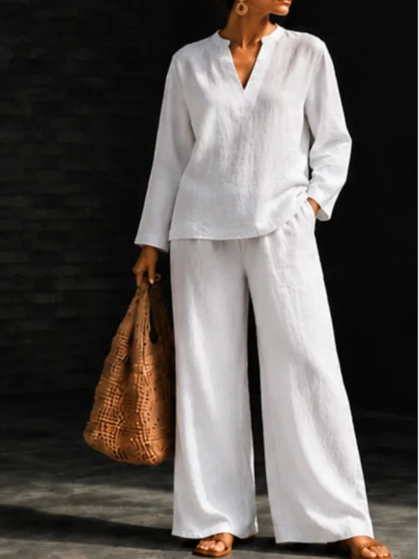 Women 2‑Piece Matching Outfit Long Sleeve Button Shirt High Waist Wide Leg Pant Loose Vacation Street Daily Wear Suit For Ladies