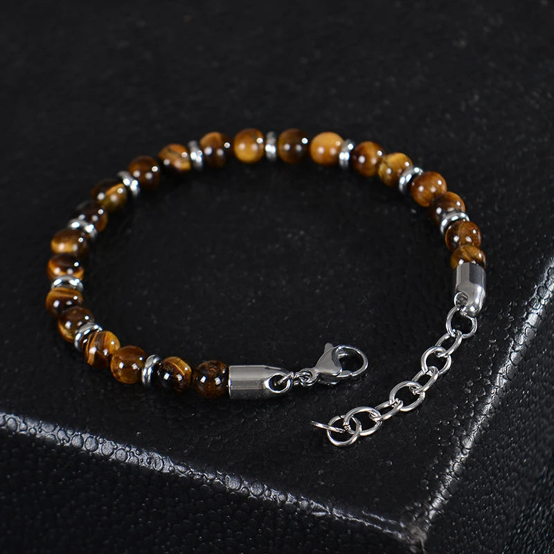 2026 Classic 6mm Tiger Eye Stone Hematite Beaded Bracelet Adjustable Stainless Steel Chain Bracelet for Men Women Jewelry Gifts