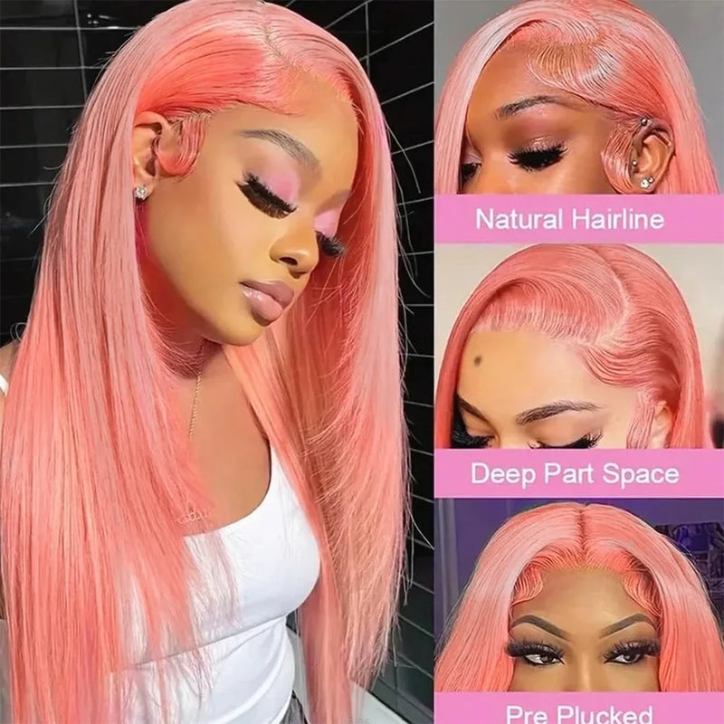 Pink Straight Human Hair Wigs 13X6 Hd Transparent Lace Frontal Wig Brazilian 220 Density Pre Plucked 13X4 30 Inch Lace Front Wig