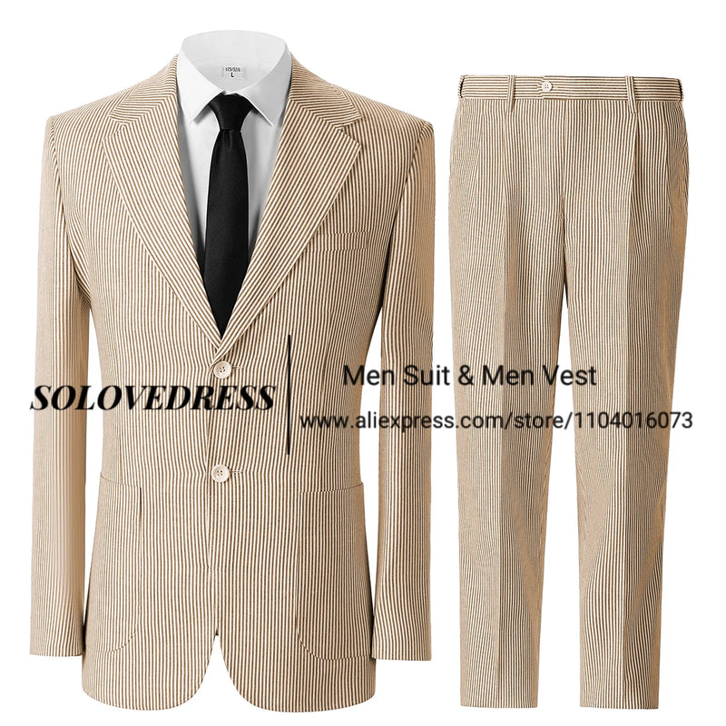 Men's Seersucker Striped Suits 2 Piece Slim Fit Summer Casual Pinstripe Suit for Men Wedding Grooms Blazer Jacket Pants Sets