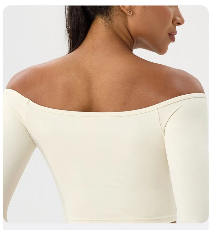 Long Sleeve Yoga T-Shirt for Women, Off Shoulder, Sexy Tight Gym Workout Top, Naked Feeling, Quick Dry Sports Activewear