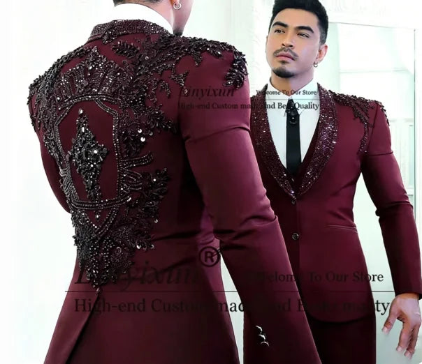Sparkly Diamond Beaded Men Suit 3 Pieces Set Male Business Blazers Customized Groom Wedding Tuxedos Slim Gem trajes para hombre