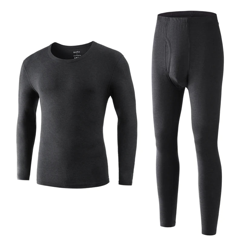 2 Pcs/Set Long Johns Solid Color Long Sleeve Thermal Underwear Men Dralon Velvet Fabric Winter/Autumn Warm Suit Front Open Pants