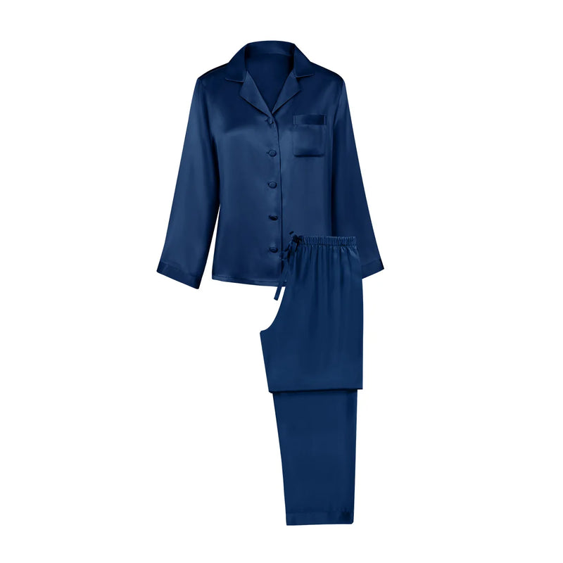 Birdtree 16MM 100% Real Silk Pajama Set Women's Solid Lapel Long Sleeve Pants Basic Comfortable Loungewear Spring S3D988QD
