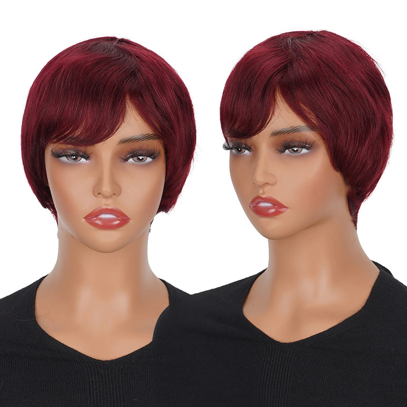 Straight Short Pixie Cut Wigs With Bangs For Women Ombre Brown Red Brazilian Human Hair Wigs Full Machine Made Wigs