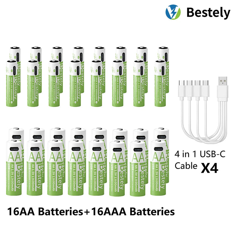 1.5V AA 13600mAh + AAA 6800mAh Rechargeable Lithium Battery Set with USB-C Fast Charging Type C Cable
