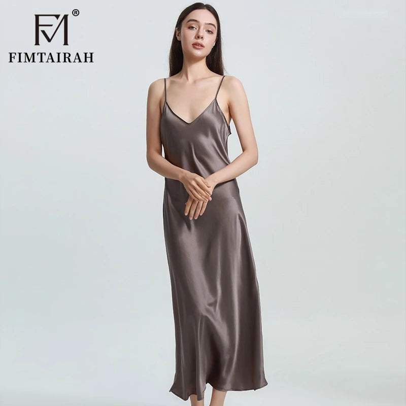 FIMTAIRAH Brand 6A 19mm New 100% Silk Nightgown Women Sexy Elegant Summer Silk NightDRESS long home wear Pajamas