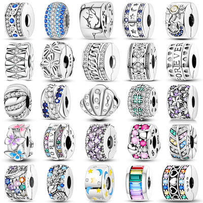 Silver Clasp 925 Sterling CZ Pave Clip Charms Daisy Beads Stopper Safety Chain Fit Original Bangle Bracelet Jewelry | SAMAG