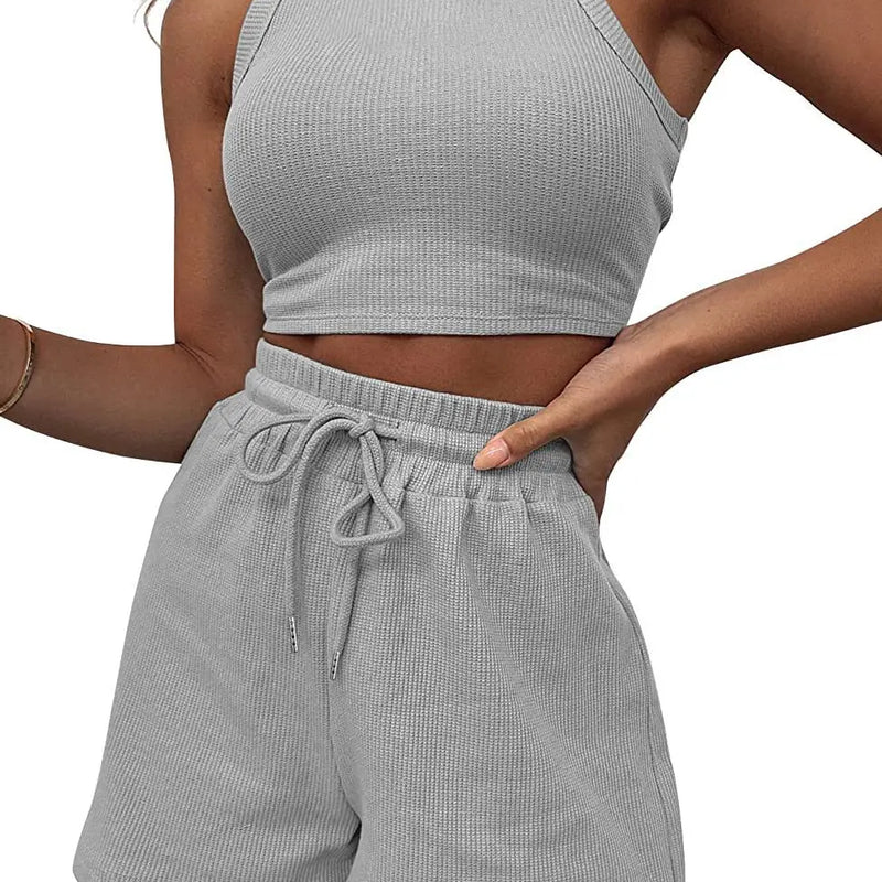 Hot Sells Women's Shorts 2-piece Set Waffle Short Vest Sports Running Elastic Waist Drawstring Summer Fashion Set for Female