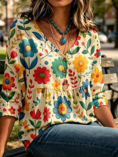 V Neck 3/4 Sleeve Babydoll Blouse Women Colorful Floral | SAMAG