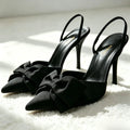 Luxury Silver High Heeled Sandals Women Sexy Pointed Toe Back Strap Thin Heels for Women Elegant Bow Design Banquet Dress Shoes