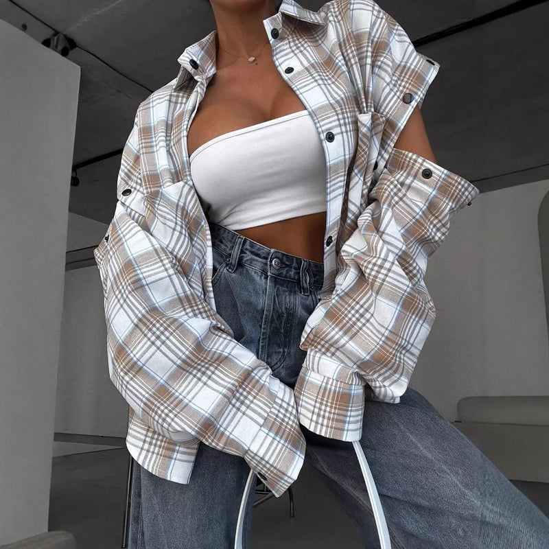 Women's Spring Blouse Jacket Shirt Checkered Short-sleeved Pocket Retro Luxurious Chic Trendy Minimalist Fashionable Comfortable