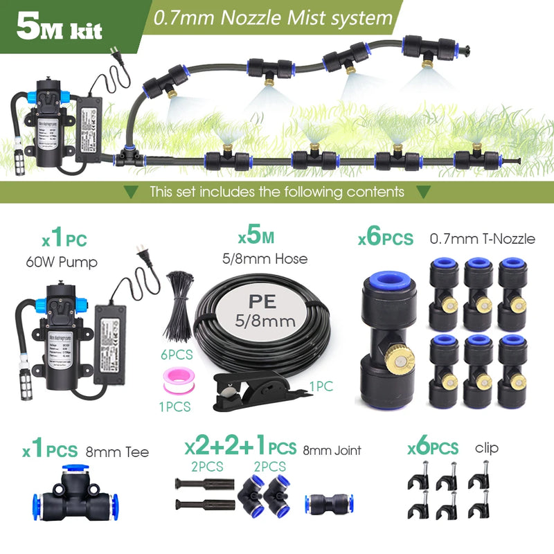 0.7MM Brass Nozzle 60W Self-Priming Pump Timing Misting Spray Kit for Garden Plants Farm Automatic Atomization Cooling System