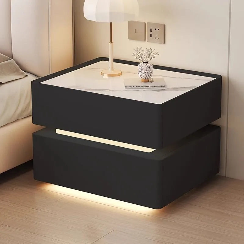 Modern Style Solid Wood Bedside Table with Wireless Charging Smart 2 Drawers Bedroom Nightstands with Lock 40/45/50cm