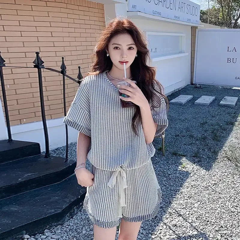 Women Korean Lazy Style Two Piece Outfit Summer Small Check Short Sleeve T Shirt Drawstring Shorts Loose Casual Tracksuit