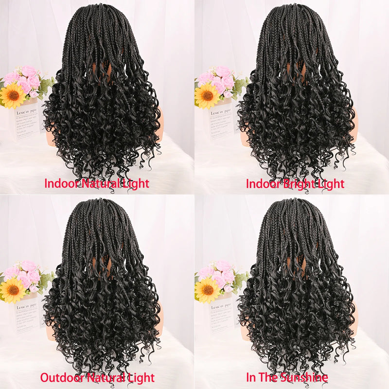 Curly Ends Synthetic Knotless Box Braids Wigs 18 Inch Full Lace Braided Wig with Baby Hair Boho Lace Wig for Quick Installation