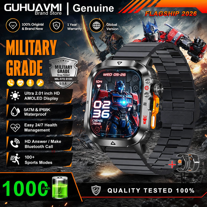New Bumblebee Military Smart Watch 1000mAh Bluetooth Call LED Flashlight BP Monitor 100+Sports 5ATM Waterproof For iOS Android