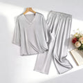 20MM 100% Natural Mulberry Silk Satin Pajama Set Solid Color V-neck Three-quarter Sleeve Tops Pants Women's Home Suit Set