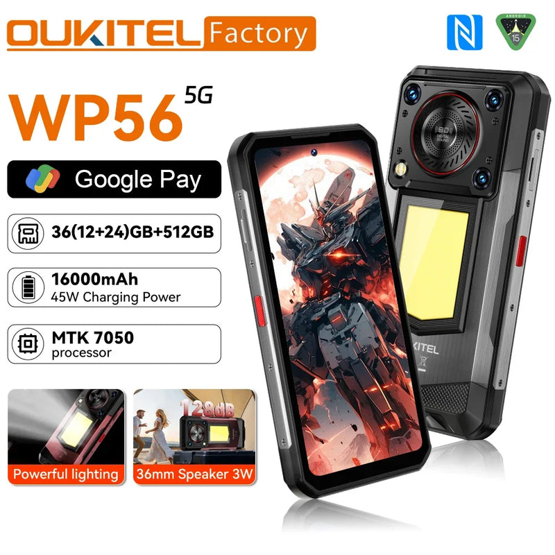 Global version OUKITEL WP56 Smartphone 5G MTK7050 6.8“FHD 120Hz Display Mobile Phone 36GB+512GB 16000mAh 45W 32MP+108MP Camera