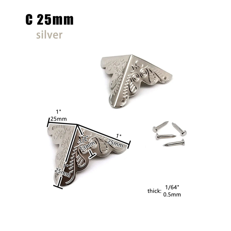 12pcs Decorative Jewelry Chest Wine Gift Box Wooden Case Antique Brass Golden Furniture Corner Protector Cover with Screws Nails