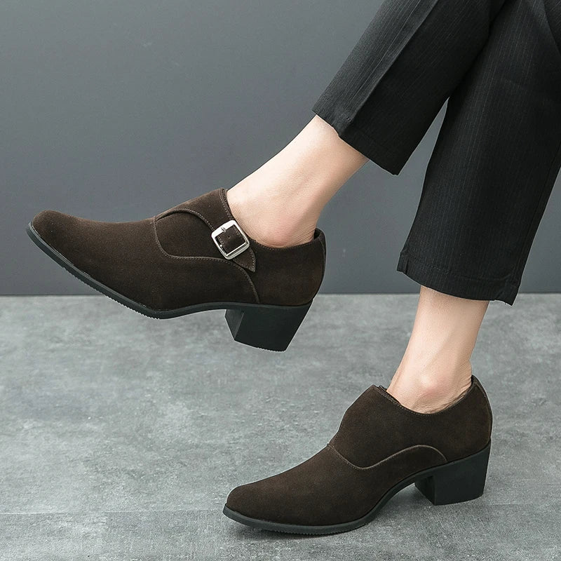 Man Height Increasing Pointed Toe Business Dress High Heel Shoes Buckle Decorated Men Casual Shoes