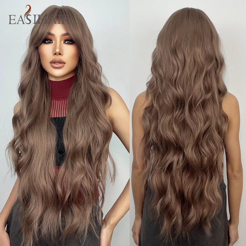 Long Blonde Ombre Brown Synthetic Wigs Water Wavy Platinum Wigs with Bang Hair Wig for Women Daily Cosplay Party Heat Resistant