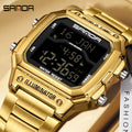 SANDA Fashion Digital Sport Watches Men Waterproof Stopwatch Alarm Date Week Watch Man Golden Strap LED Square Dial Wristwatch
