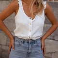 2026 Women's Summer New Daily Casual Versatile Solid Color Round Neck Button Decoration Sleeveless Vest T-Shirt Women's Clothing