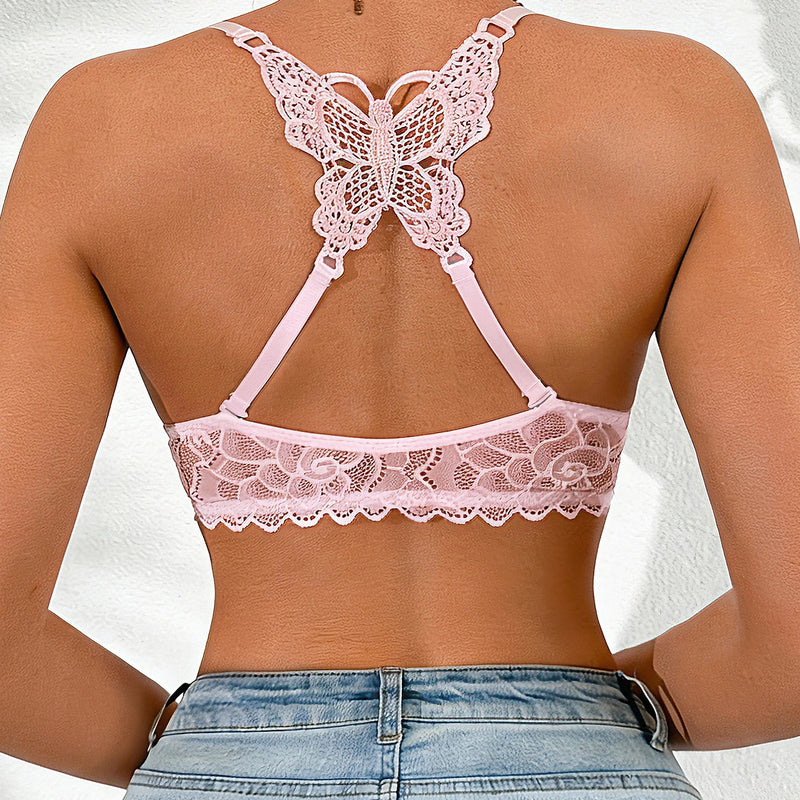 Women Lace Beauty Back Bra Front Closure Push Up Brassiere Breathable Mesh Back Wing Underwear Top