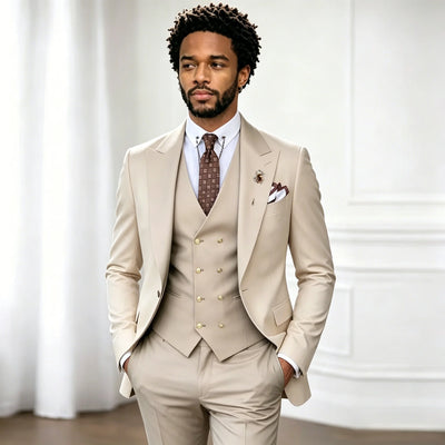 Beige Business Suits For Men Tuxedos Gold Buttons Groom Groomsman Prom Wedding Party Formal 3 Pieces Sets Jacket Vest | SAMAG