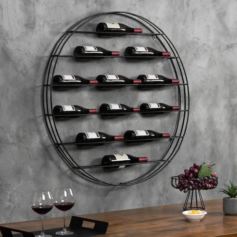 12 - Bottle Modern Black Metal Round Wall Mounted Wine Rack - 6 - Tier Horizontal Storage Shelf for Kitchen - View 3 | SAMAG