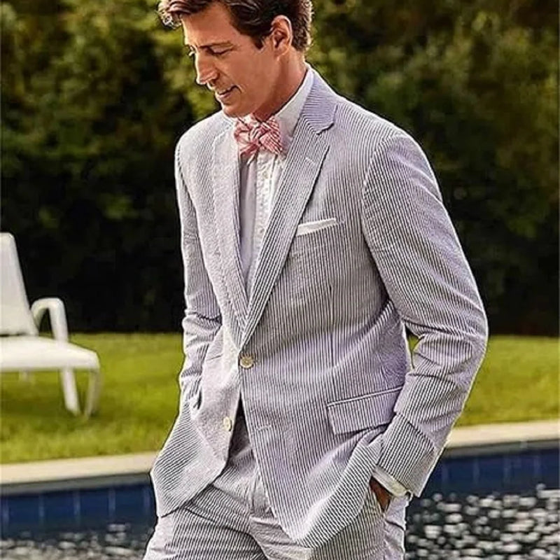 Men's Seersucker Striped Suits 2 Piece Slim Fit Summer Casual Pinstripe Suit for Men Wedding Grooms Blazer Jacket Pants Sets