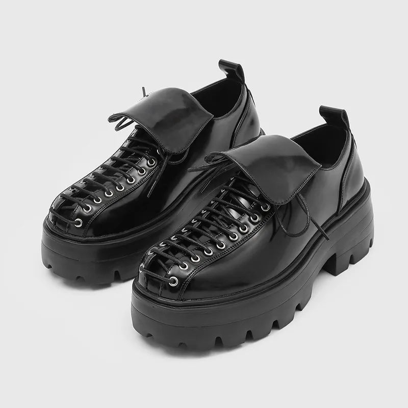 Thick Soled Derby Shoes British Style Men's Lace Up Round Toe Casual Leather Shoes Trendy Handmade Height Increasing Men's Shoes