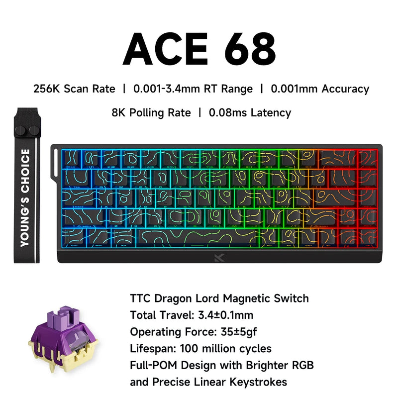 MCHOSE ACE 68 Magnetic Switch Gaming Keyboard Hall Effect Rapid Trigger Programmable RGB 8K Hz DKS/MT/TGL/RS/SOCD Keyboard
