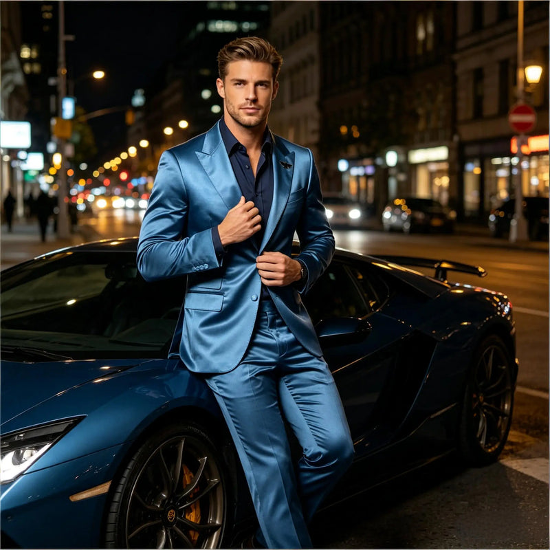 Men's Satin 2 - Piece Suit Set Slim Fit Peak Lapel Tuxedo Blazer With Straight Leg Pants For Wedding Party - View 2 | SAMAG