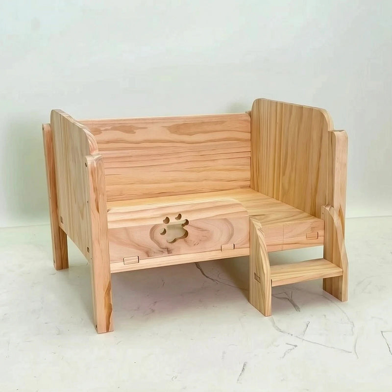 Pet Bed with Step Long-Lasting Wooden Pet Bed Elevated Cat Couch Indoor Furniture Comfortable for Cats, Living Room, Bedroom