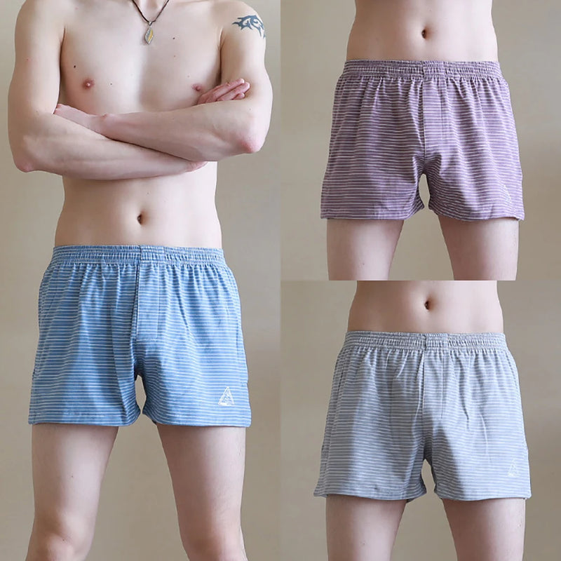 3PCS 100% Cotton Striped Pajama Pants Men's Summer Panties Breathable Big U-crotch Boxers Plus Size Loose High Elastic Underwear