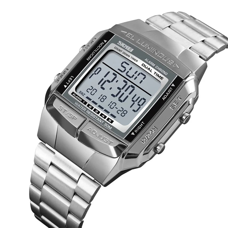 Skmei Men's Digital Sport's Watches Stainless Steel Strap 5 Alarm Clock Waterproof Led Chronograph Fashion Male Dual Time