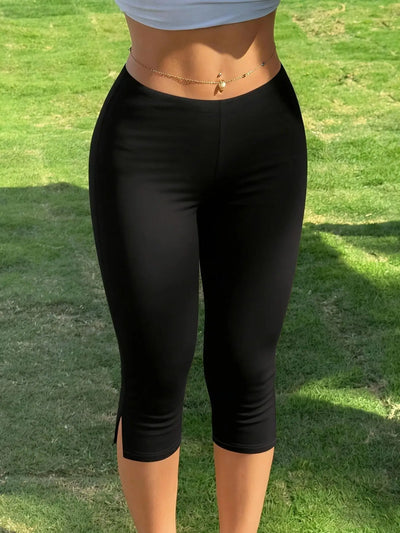 Women's Y2K Street Style Black Slim Fit Capri Pants, Side | SAMAG