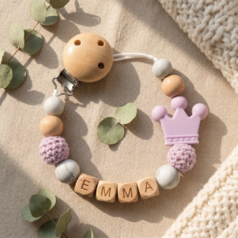 Personalized Name Pacifier Clip Silicone Wooden Dinosaur Baby Teether Holder BPA Free Custom Soother Chain Handmade Dummy Clip