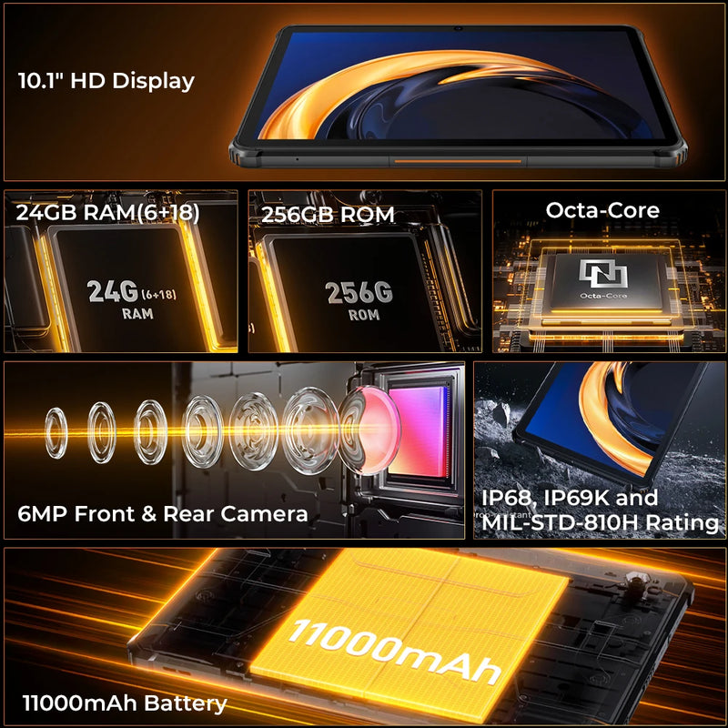 OUKITEL RT9 Rugged Tablet - 10.1" HD Display, 24(6+18)GB+256GB, IP68 IP69K Waterproof, 11000mAh Battery Android 14 Tablet PC