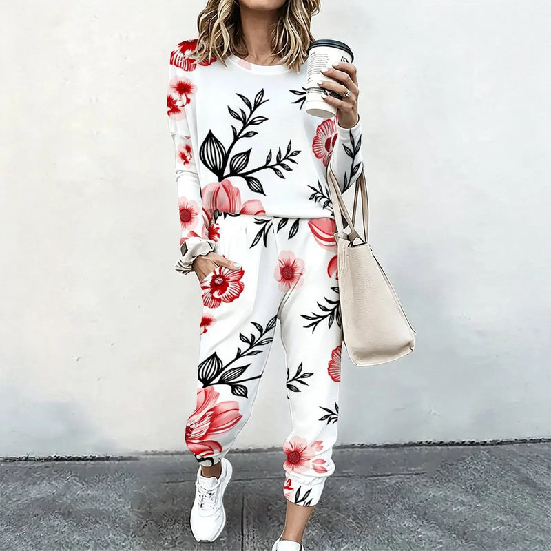 Women 2 Piece Tracksuit Set Print Long Sleeve Crew Neck Top And Jogger Pants Casual Streetwear Outfit With Pockets