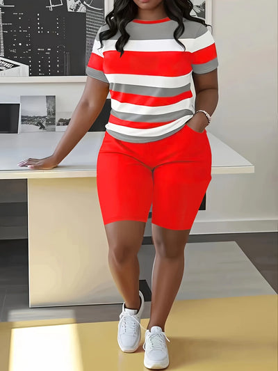 Trendy Plus Size Women's Two Piece Set Striped Short | SAMAG