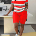 Trendy Plus Size Women's Two Piece Set Striped Short Sleeve Top and High Waist Shorts Casual Outfit