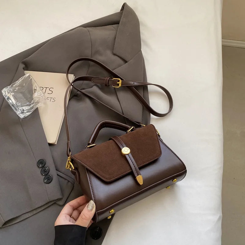 Suede Fabric Handbag with Adjustable Strap Golden-Tone Hardware and Flap Closure - Trendy Commuting Hobo Crossbody Bag for Women